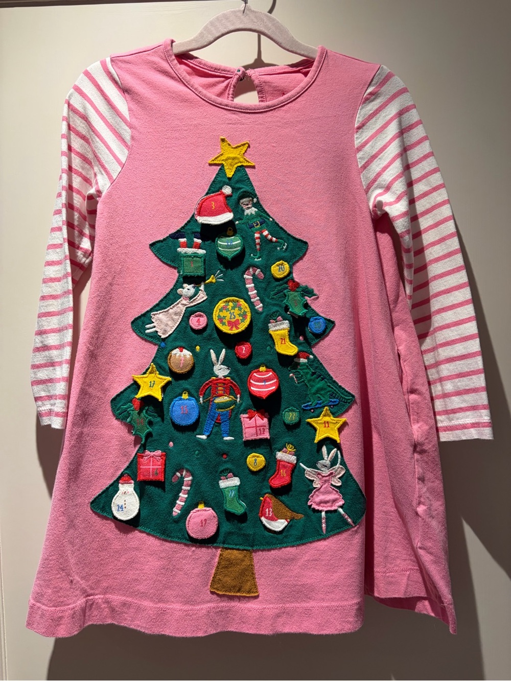 Mini Boden Pink Long-Sleeve Holiday Tree Advent Dress
